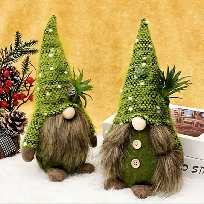 Green Knitted Christmas Gnome Succulent Doll