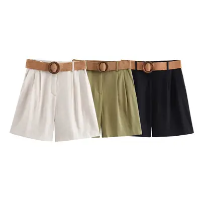 Women's Belted Cotton Shorts Solid Small