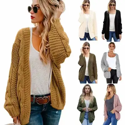 Foreign Trade New Amazon Best-Selling Twist Cardigan European and American Style Pure Color Thick Needle Loose Large Size Knitted Sweater for Women
