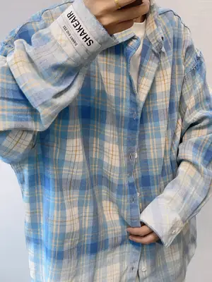 Retro Plaid Long Sleeve Shirt Blue White Summer Wear