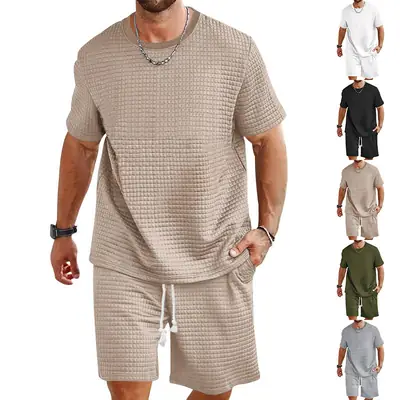 Men Black Waffle Shorts Set Summer Casual Shorts