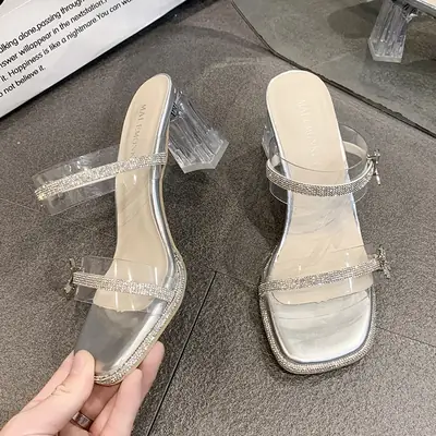 Crystal Rhinestone Fairy Slippers Women Summer Transparent Heel