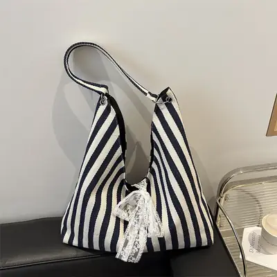 Women's Zebra Striped Shoulder Tote Bag with Lace