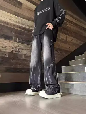 Men Tie-dye Wide-leg Hiphop Pants Loose Straight Jeans