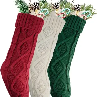 2024 Knitted Wool Christmas Socks Set Green Rhombus Design