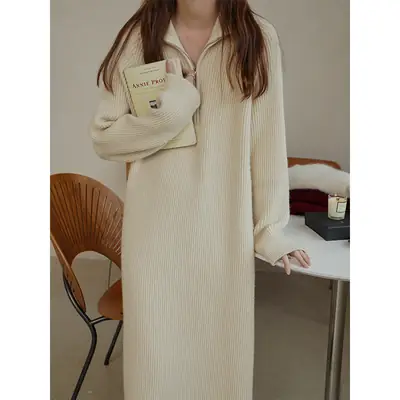 Japanese Style Lazy Over-the-Knee Lapel Dress for Women Grey