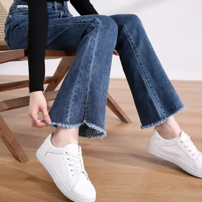 Dark Blue Ruffed Slim Fit Jeans for Women Spring Autumn 2024