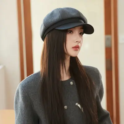 Women's White Leather Spliced Beret Hat Autumn Winter