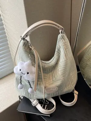 Women's Large Canvas Shoulder Bag with Flower Decor
