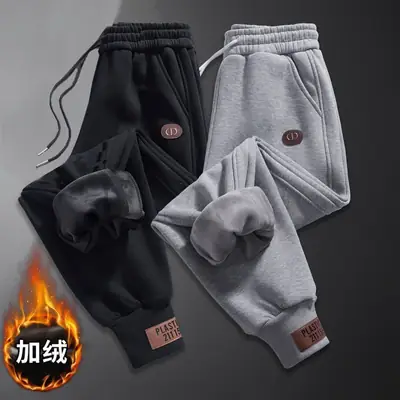 Men Fleece Lined Winter Trousers Black Loose Fit