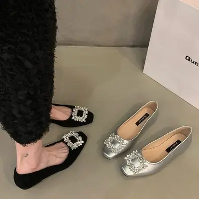Women Flat Silver Rhinestone Square Toe Shoes