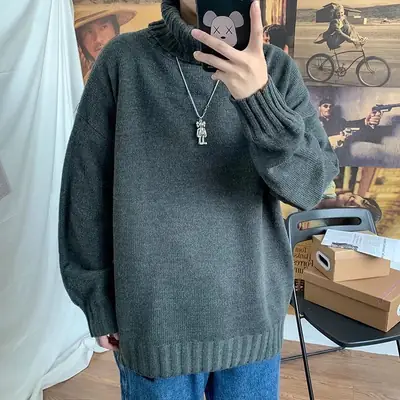 Men's Black Turtleneck Knitted Sweater Autumn Winter Loose Fit