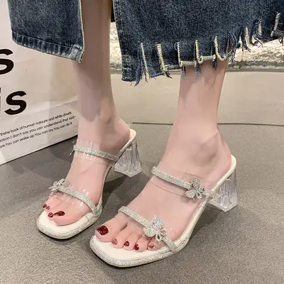 Crystal Rhinestone Fairy Slippers Women Summer Transparent Heel