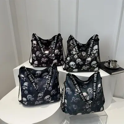 Women's Skull Print Shoulder Bag with "Love I Love" Band