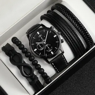 Men's Black Crossbody Watch with Bracelet Set