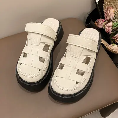 Women White Cut Out Baotou Sandals Thick Sole