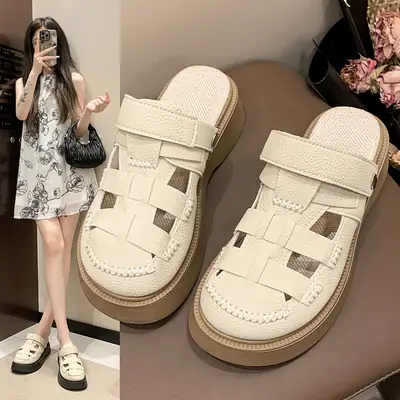 Women White Cut Out Baotou Sandals Thick Sole