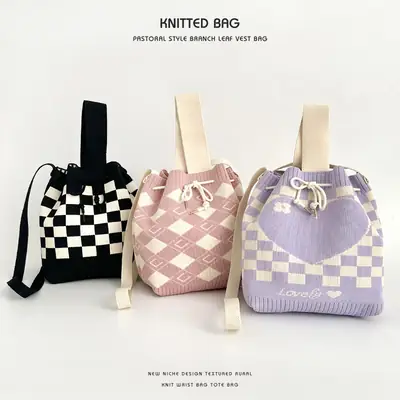 Knitted Drawstring Bucket Bag for Girls