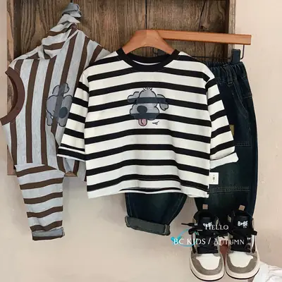 Children Striped T-Shirt with Puppy Print Long Sleeve