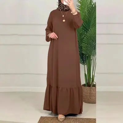 Solid Color Puff Sleeve Ruffle Hem Dress Vintage Robe with Pockets Women's Loose Long Dress
