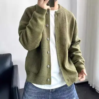 Olive Green Knitted Men's Cardigan Jacket Loose Fit