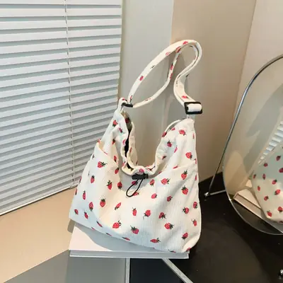 Women's Strawberry Printed Corduroy Shoulder Bag
