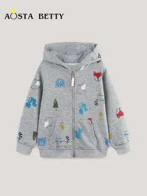 Autumn New Boys Coat Grey Zipper Knitted Cotton Printed Hooded