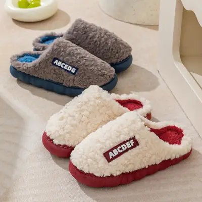Women Winter Cotton Slippers Blue White Warm Plush