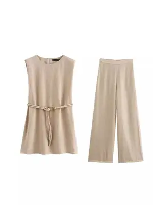 Beige Belted Sleeveless Dress with Pleats