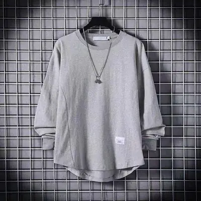 Men Navy Blue Long Sleeve T-Shirt Round Neck Loose Fit