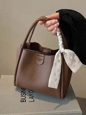 Black Leather Bucket Bag with Tassel for Women