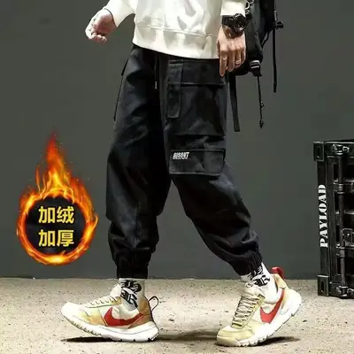 Men Velvet Cargo Pants Black Large Casual Wear