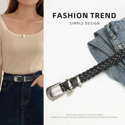 Women's Black Braided Belt with Joker Pin Buckle