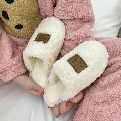 Women's White Plush Cotton Slippers Winter Warm Non-Slip