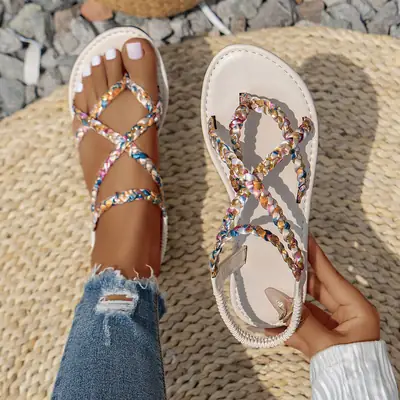 2024 Women's Black Rhinestone Flat Sandals Large