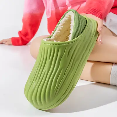 New Bitter Melon Striped Cotton Slippers Waterproof and Stain-Resistant Home Cotton Shoes Women's Thick-Soled Fleece-Lined Winter Warm Cotton Shoes for Outer Wear