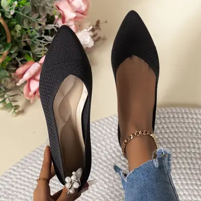 Size 36-43 Summer Pointed Toe Flat Knitted Shoes Solid Color Fashion Casual Easiest for Match Slip-On Shoes Plaid