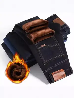 Men Blue Fleece Lined Winter Warm Jeans