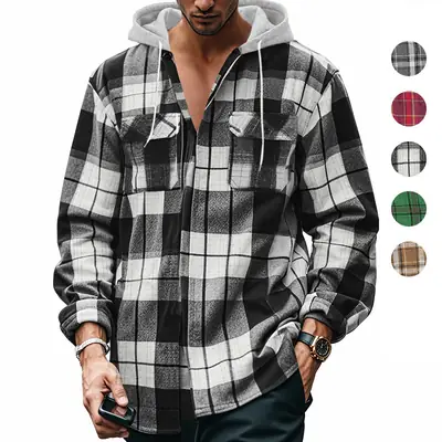 Men Plaid Hooded Flannel Shirt Brown White Long Sleeve