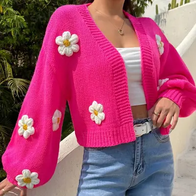 Women's Knitted Flower Sweater Jacket White Cold Shoulder