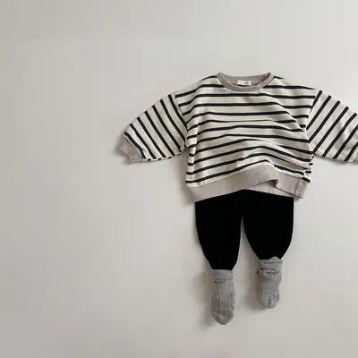 Kids Striped Long Sleeve T-Shirt & Grey Pants Set 2025 Spring Korean Style