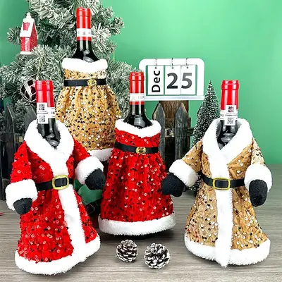 Cross-Country Christmas Wine Bottle Set with Sequins & Plush Fur