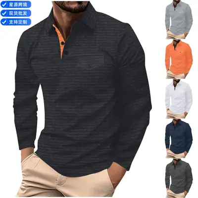 Men's Dark Gray Plaid Polo Shirt with Button Pocket