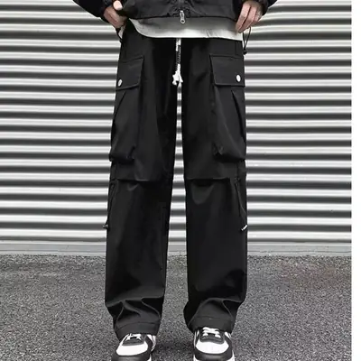 Men Fleece Lined Wide Leg Pants Brown Cargo Style