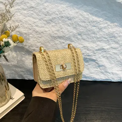 Women's White Straw Chain Crossbody Bag Small 2024