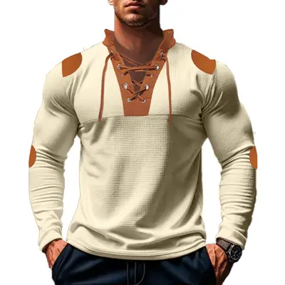 Men's American Thin Waffle Long Sleeve Tie Collar Shirt