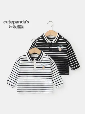 Kaka Panda Boys Polo Shirt Black White Striped Long Sleeve Spring Outfit