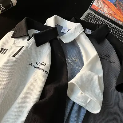 Men's Waffle Cotton Polo Shirt White Black Grey