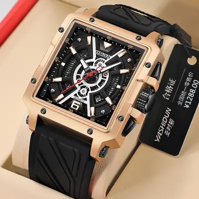 Men's Square Dial Watch with Black Strap & Gold Case