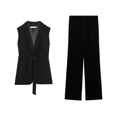 Black Tie Belt Vest Dress Vest Women High Waist Draping Pants